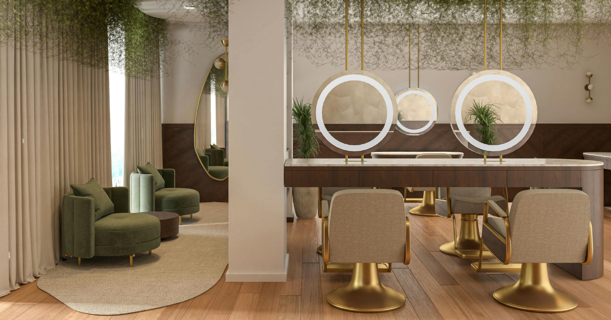 Modern salon studio with styling chairs and hanging plants